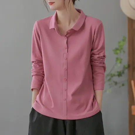 dza复古翻领宽松内搭T恤女士春秋新款休闲打底衫纯棉软糯长袖上衣商品大图