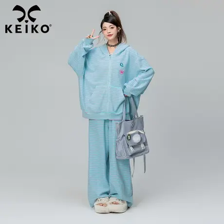 KEIKO兔耳朵连帽卫衣套装秋冬慵懒风条纹开衫外套+阔腿长裤两件套商品大图