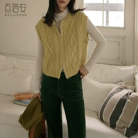 百洛安时尚双拉链针织马甲女2023秋季新款复古菱形格麻花毛衣背心图片