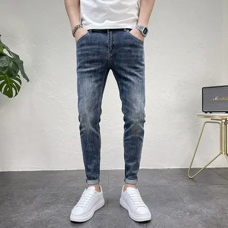 秋装新款男士休闲时尚牛仔裤口袋字母印花潮流前卫修身小脚长裤男商品大图