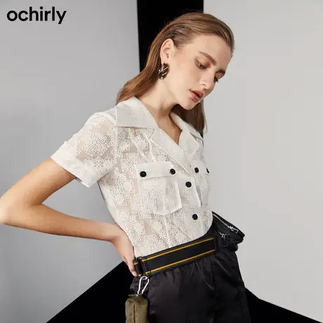 黑标系列 欧时力夏季新品网布绣花驳领雪纺气质短袖衬衫女设计感商品大图