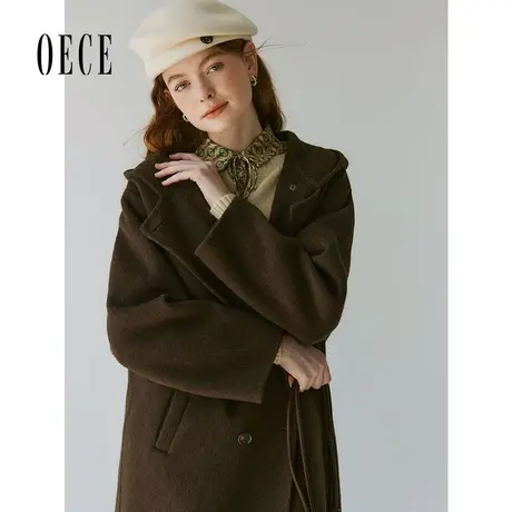 【双11新品】Oece复古连帽中长款呢大衣女2023冬季新款双面呢外套图片