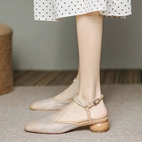 真皮仙女风包头凉鞋女2023年夏季新款配裙子粗跟方头珍珠网纱单鞋商品大图