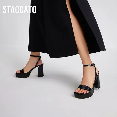 思加图新款芭比鞋方头一字带凉鞋粗跟高跟鞋女EJW01BL3B图片