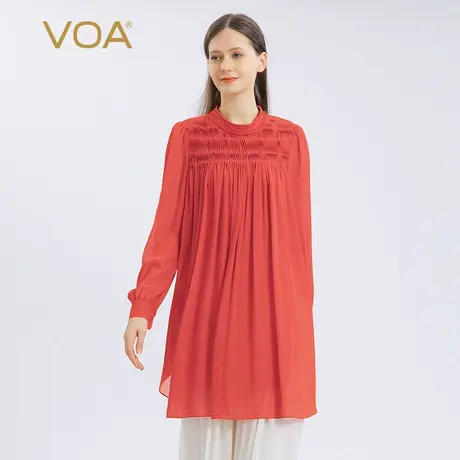 VOA真丝乔其纱砖红色立体褶衬衫袖立领对丝工艺双层面料桑蚕丝T恤图片