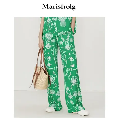 玛丝菲尔夏季新款植物手绘花稿高更绿艺术感时尚休闲裤女图片