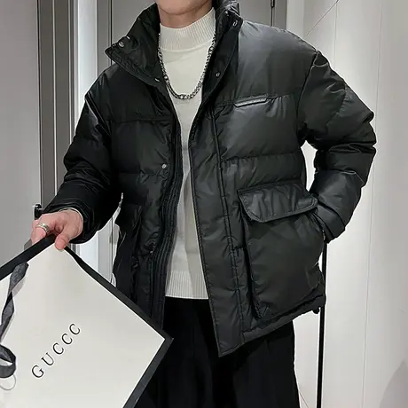 潮牌羽绒服男冬季纯色个性工装大口袋ins潮高级感立领白鸭绒外套图片