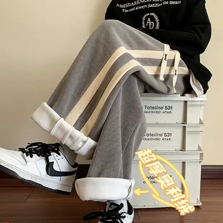 灯芯绒美式复古编织条纹休闲长裤春秋季男士阔腿加绒加厚潮牌裤子商品大图