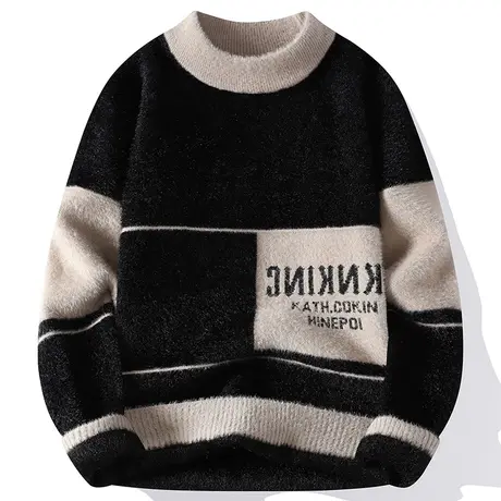 半高领毛衣男秋冬季新款宽松套头针织打底衫潮牌拼色加厚保暖线衣商品大图