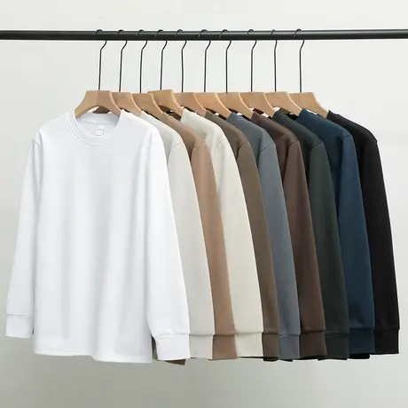 450g重磅圆领长袖t恤男纯色白色上衣服加绒加厚秋冬季内搭打底衫商品大图