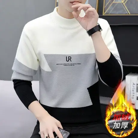 秋冬季半高领毛衣男士套头绵羊绒针织衫加绒加厚线衣潮流个性撞色商品大图