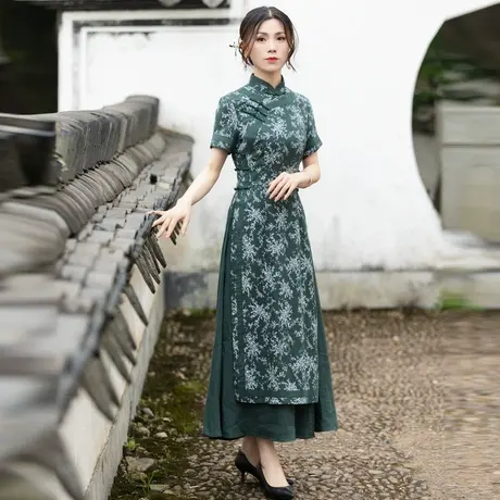 筠雅奥黛旗袍中国风连衣裙女收腰显瘦民国复古气质日常裙子23J181商品大图