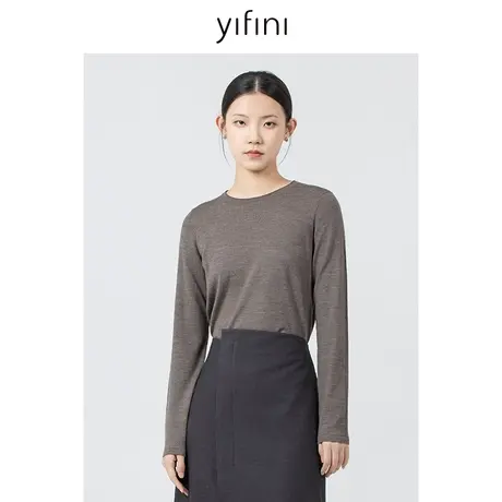 Yifini/易菲正肩长袖圆领打底绵羊毛针织衫女春秋新款上衣商品大图