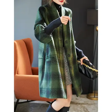 宝诗黎V领格子夹棉毛呢外套女宽松2024早春新款中长保暖开衫上衣商品大图