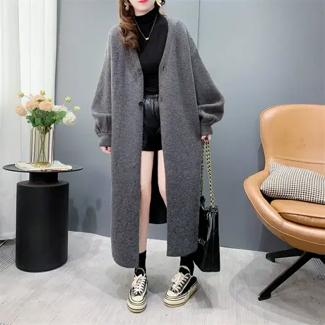 长款过膝V领针织开衫女秋冬2023新款韩版宽松慵懒风百搭毛衣外套商品大图