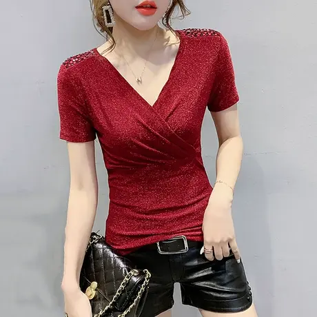 女装2024新款潮欧货性感V领T恤女短袖夏设计感洋气上衣半袖女小衫商品大图