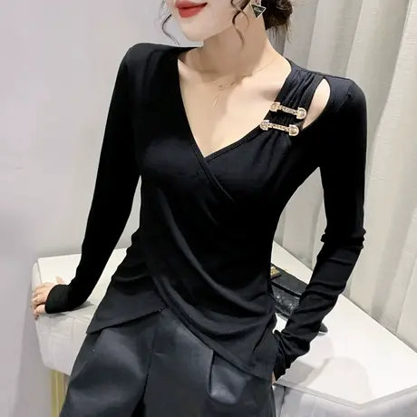 性感V交叉长袖T恤女装小众设计感不规则上衣修身百搭打底衫女春秋图片