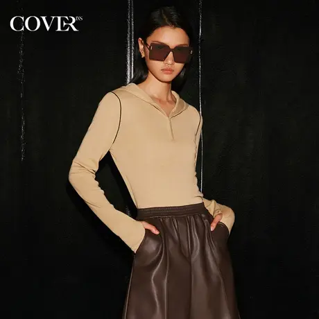 COVER秋季连帽撞色半拉链羊毛针织衫商品大图