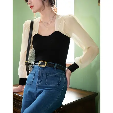 弥古法式泡泡袖雪纺拼接针织衫春秋长袖方领t恤女打底衫内搭上衣图片