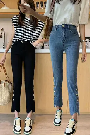 牛仔裤女夏秋新款时尚小个子高腰显瘦直筒休闲百搭九分烟管裤子潮商品大图