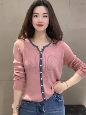 2023年韩国东大门春季新款韩版宽松圆领撞色包边短款百搭针织开衫商品大图