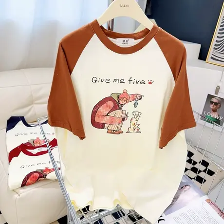 夏季美式复古chic港风上衣韩国东大门文艺印花拼色宽松水洗棉T恤图片