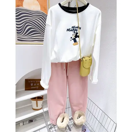 韩国东大门长袖上衣~ins减龄印花拼色双面德绒T恤加厚打底衫大码图片