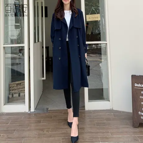 百洛安宽松中长款风衣女春季新款韩范气质时尚系带双排扣大衣外套图片