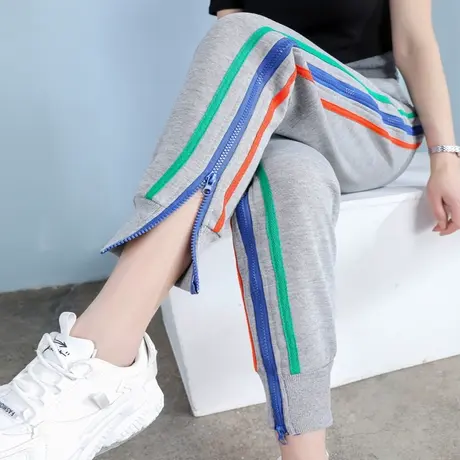 灰色裤子运动裤女条纹女裤休闲今年流行九分彩色束脚卫裤2024新款商品大图