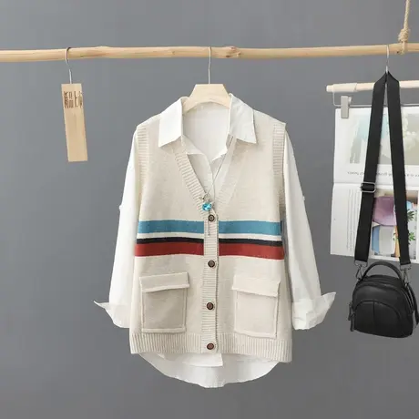 秋季新款工装无袖针织马夹女2024年新款V领开衫毛衣外搭坎肩背心图片