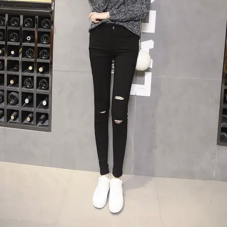 破洞打底裤女黑色显瘦长裤秋季韩版外穿小脚裤高腰紧身弹力乞丐裤商品大图
