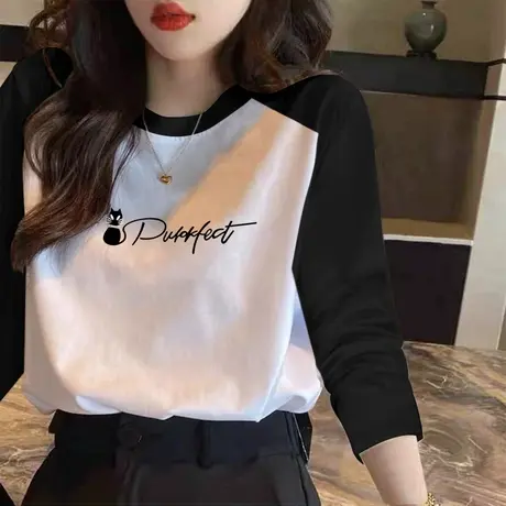 2023年春秋新款韩版百搭纯棉上衣长袖t恤女宽松插肩袖休闲打底衫图片