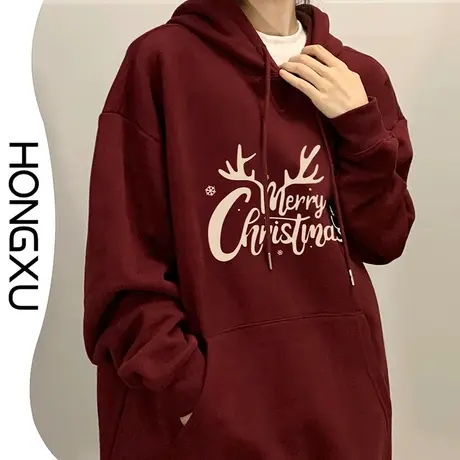 红续心动圣诞系列酒红色印花连帽卫衣女小众新款加厚加绒显白上衣图片