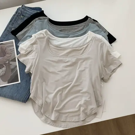 基础款垂感方领莫代尔短袖T恤女修身显瘦短款打底衫上衣夏季薄款商品大图