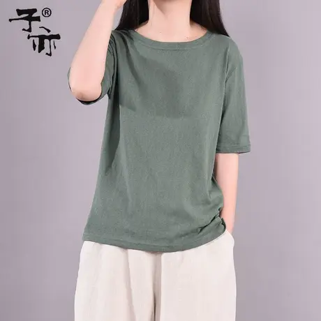 子亦夏装新款韩版宽松显瘦棉麻休闲纯色圆领简约短袖T恤上衣商品大图