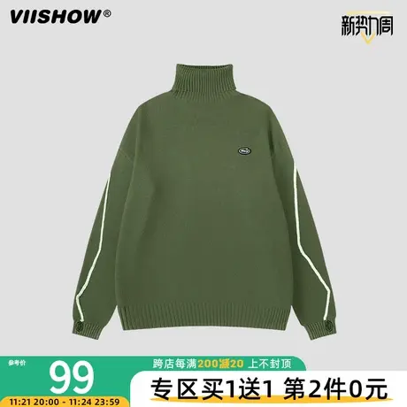 VIISHOW线条高领毛衣男冬季加厚潮牌复古日系慵懒外穿宽松针织衫商品大图