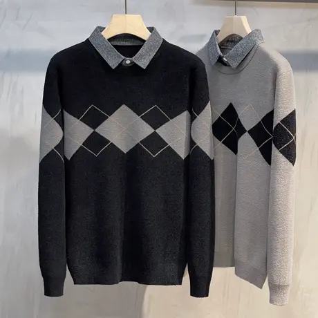 秋冬装衬衫领商务休闲假两件毛衣男士菱形学院风加绒针织衫上衣潮图片