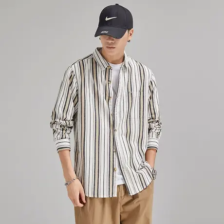 Modi Nick/摩帝尼克复古水洗工艺男士休闲衬衫长袖条纹潮流男上衣商品大图