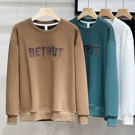 2023新款重磅加绒卫衣男秋冬季潮牌立体印花圆领长袖上衣保暖外套图片