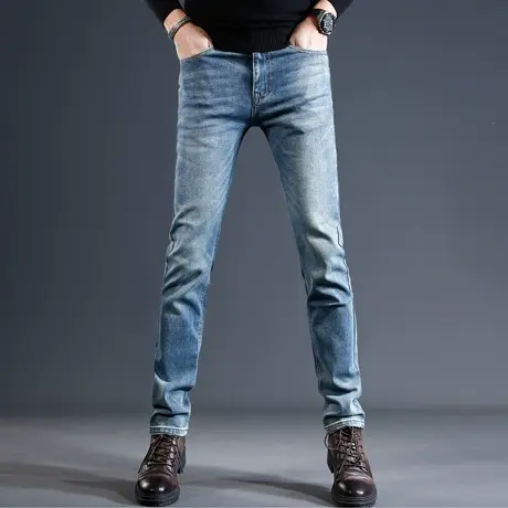 欧美高端男士牛仔裤2023秋冬新款蓝色潮牌修身小脚潮流弹力裤子男商品大图