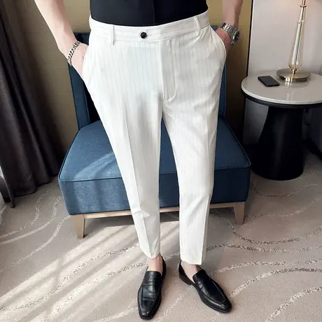 西装裤男夏季薄款弹力冰丝九分裤男士英伦风修身微锥条纹休闲裤潮图片