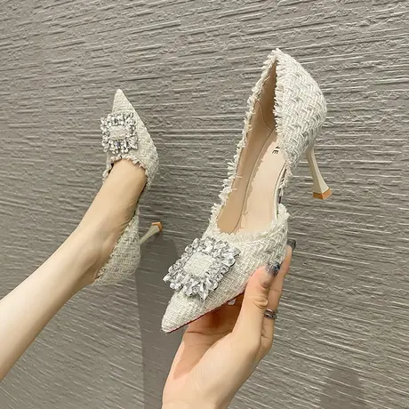 法式名媛风高跟鞋女细跟2024年春季新款气质方扣水钻浅口尖头单鞋图片