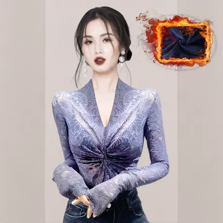 V领保暖内衣女士加绒加厚冬季外穿紧身上衣蕾丝打底衫秋衣女神衣商品大图