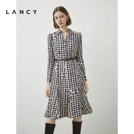 朗姿羊毛桑蚕丝2022冬季新款高腰翻领中长款显瘦连衣裙女商场同款图片