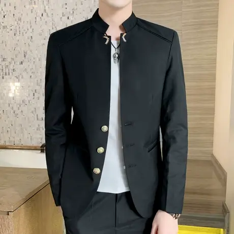 春季潮流韩版帅气修身立领式西装外套男士夜店个性休闲中山装西服图片