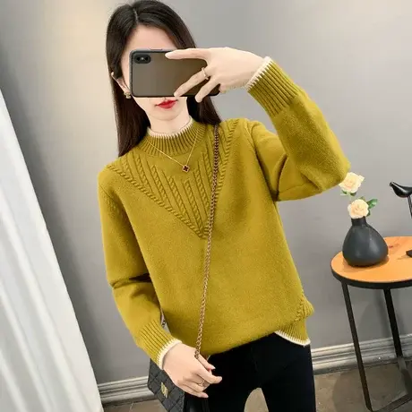 半高领女士毛衣打底2023年秋冬新款拼色针织衫女百搭外穿套头上衣商品大图