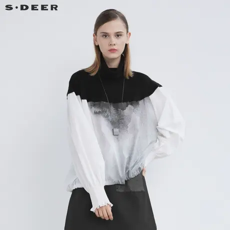 sdeer圣迪奥2021冬装新品罗纹针织高领水墨晕染长袖衬衫S21480506图片