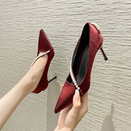 红色缎面高跟鞋女2024年百搭新款珍珠尖头中跟单鞋细跟婚鞋新娘鞋商品大图