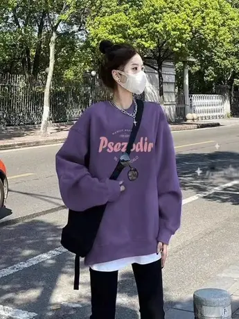 深紫色卫衣无帽女秋冬季新款2024爆款胖mm宽松圆领百搭款加绒卫衣商品大图