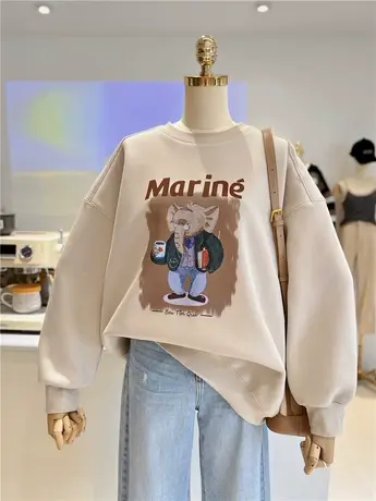 冬季新款加绒加厚韩系卡通减龄保暖厚实圆领套头卫衣女单穿外套商品大图